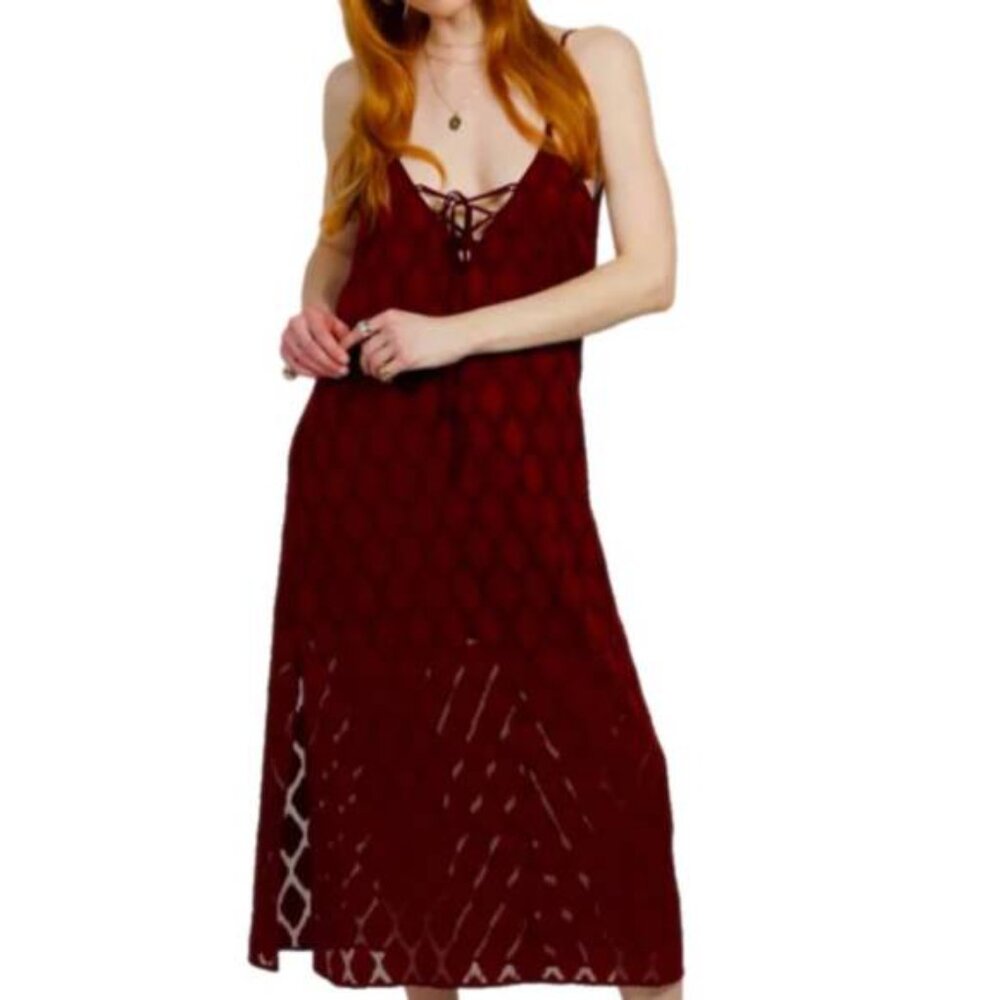 BAND OF THE FREE BURGUNDY MERLOT LILA V-NECK BOHO SPLIT MIDI DRESS SIZE XS NWT - Picture 6 of 6